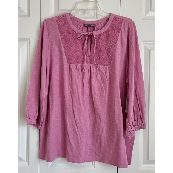 Style & Co. Women Pink Boho Velvet Bib Tops 3/4 Sleeve Cotton Peasant PLUS SIZE - Picture 1 of 7